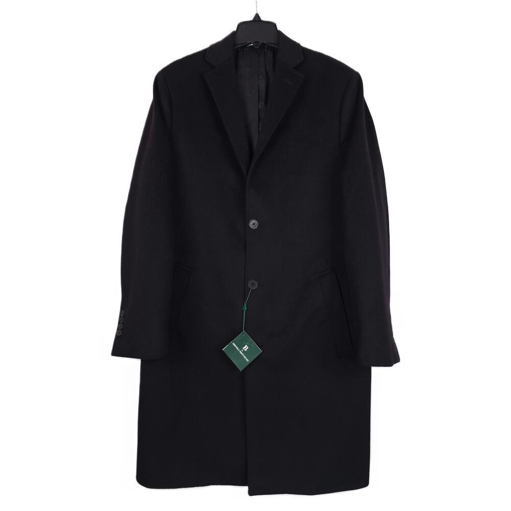 B by Brooks Brothers Mens Classic Fit Overcoat 44L Black Solid 100% Wool NWT